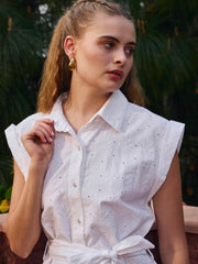 Women White Schiffli Button Down Midi Dress