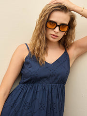 Women Navy Schiffli V-Neck Smocked Back Strappy Midi Dress