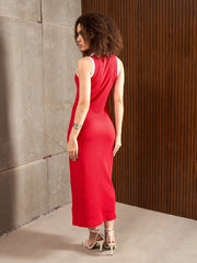 Women Red Rib With White Contrast Button Maxi Dress