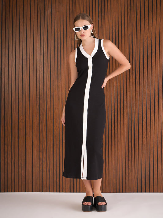 Women Black Rib With White Contrast Button Maxi Dress