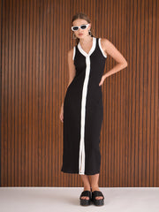 Women Black Rib With White Contrast Button Maxi Dress