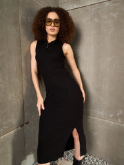 Women Black Rib Sleeveless Hooded Maxi Dress