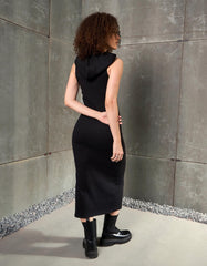 Women Black Rib Sleeveless Hooded Maxi Dress