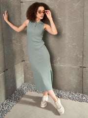 Women Green Rib Sleeveless Hooded Maxi Dress