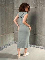 Women Green Rib Sleeveless Hooded Maxi Dress