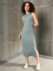 Women Green Rib Sleeveless Hooded Maxi Dress