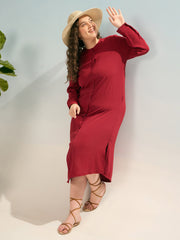 Women Maroon Front Button Midi Dress