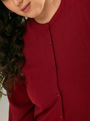 Women Maroon Front Button Midi Dress
