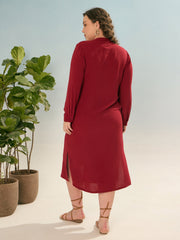 Women Maroon Front Button Midi Dress
