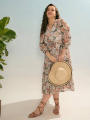 Women Off White Floral Tiered Midi Dress