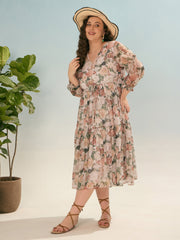 Women Off White Floral Tiered Midi Dress