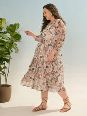 Women Off White Floral Tiered Midi Dress