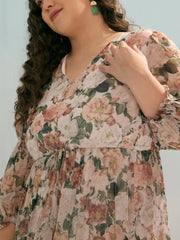 Women Off White Floral Tiered Midi Dress