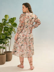 Women Off White Floral Tiered Midi Dress