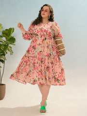 Women Pink Floral Tiered Midi Dress