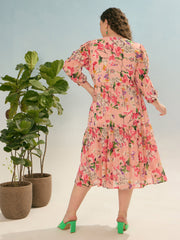 Women Pink Floral Tiered Midi Dress