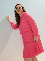 Women Pink Pleated Skater Tiered Dress