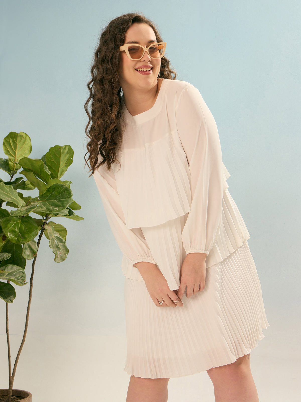 Women White Pleated Skater Tiered Dress