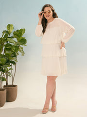 Women White Pleated Skater Tiered Dress