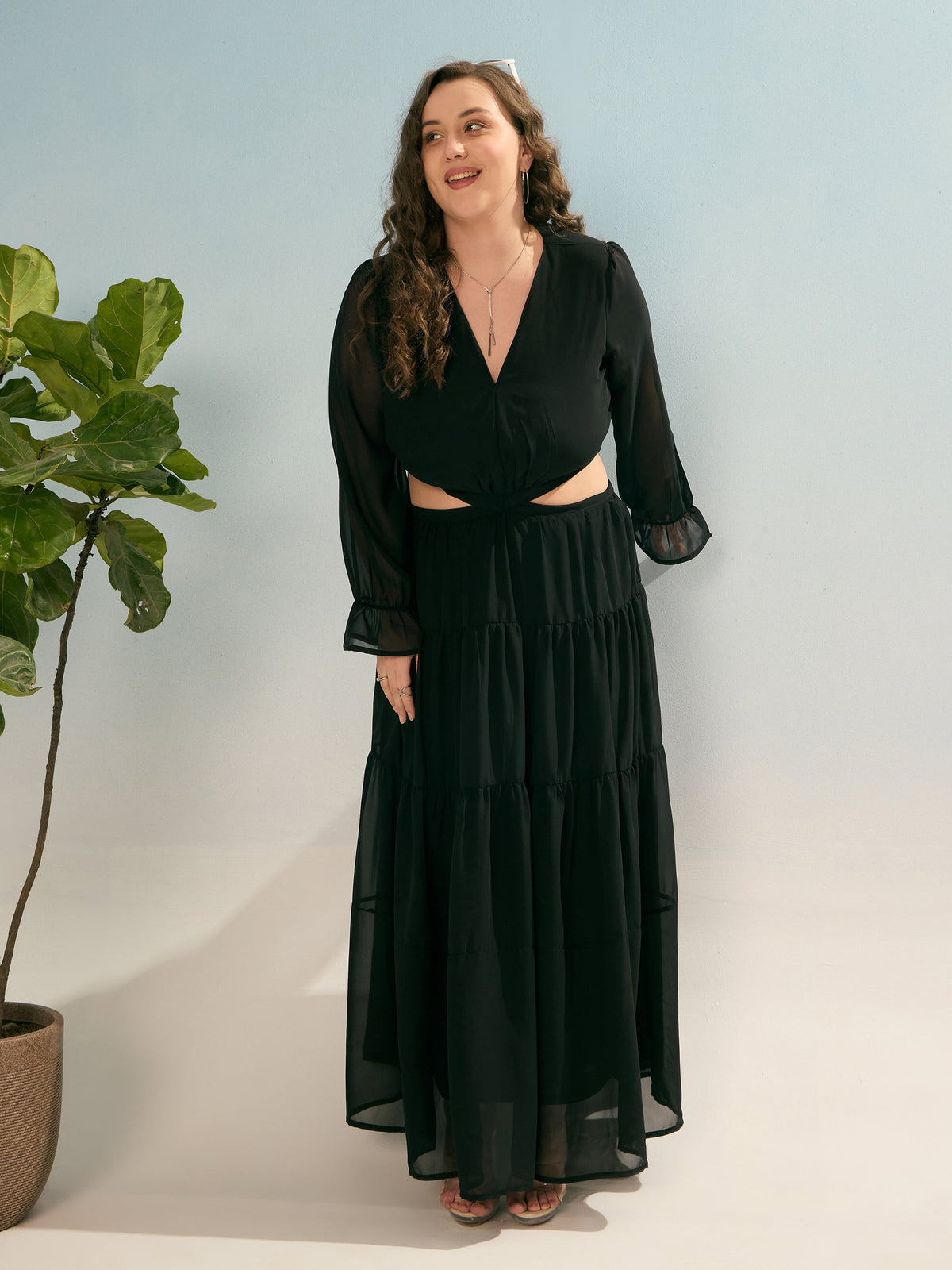 Women Black Solid Waist Cut-Out Maxi Dress