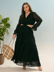 Women Black Solid Waist Cut-Out Maxi Dress