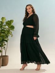 Women Black Solid Waist Cut-Out Maxi Dress