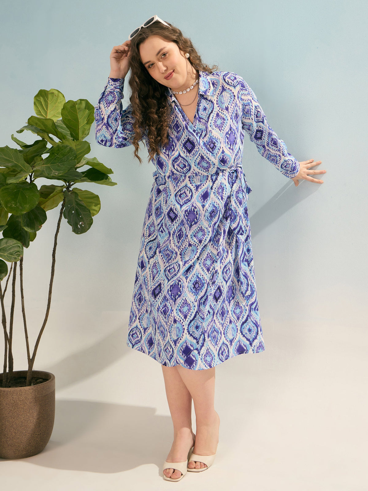Women Blue Printed Wrap Midi Dress