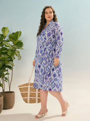 Women Blue Printed Wrap Midi Dress