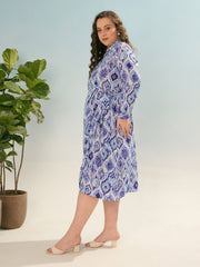 Women Blue Printed Wrap Midi Dress