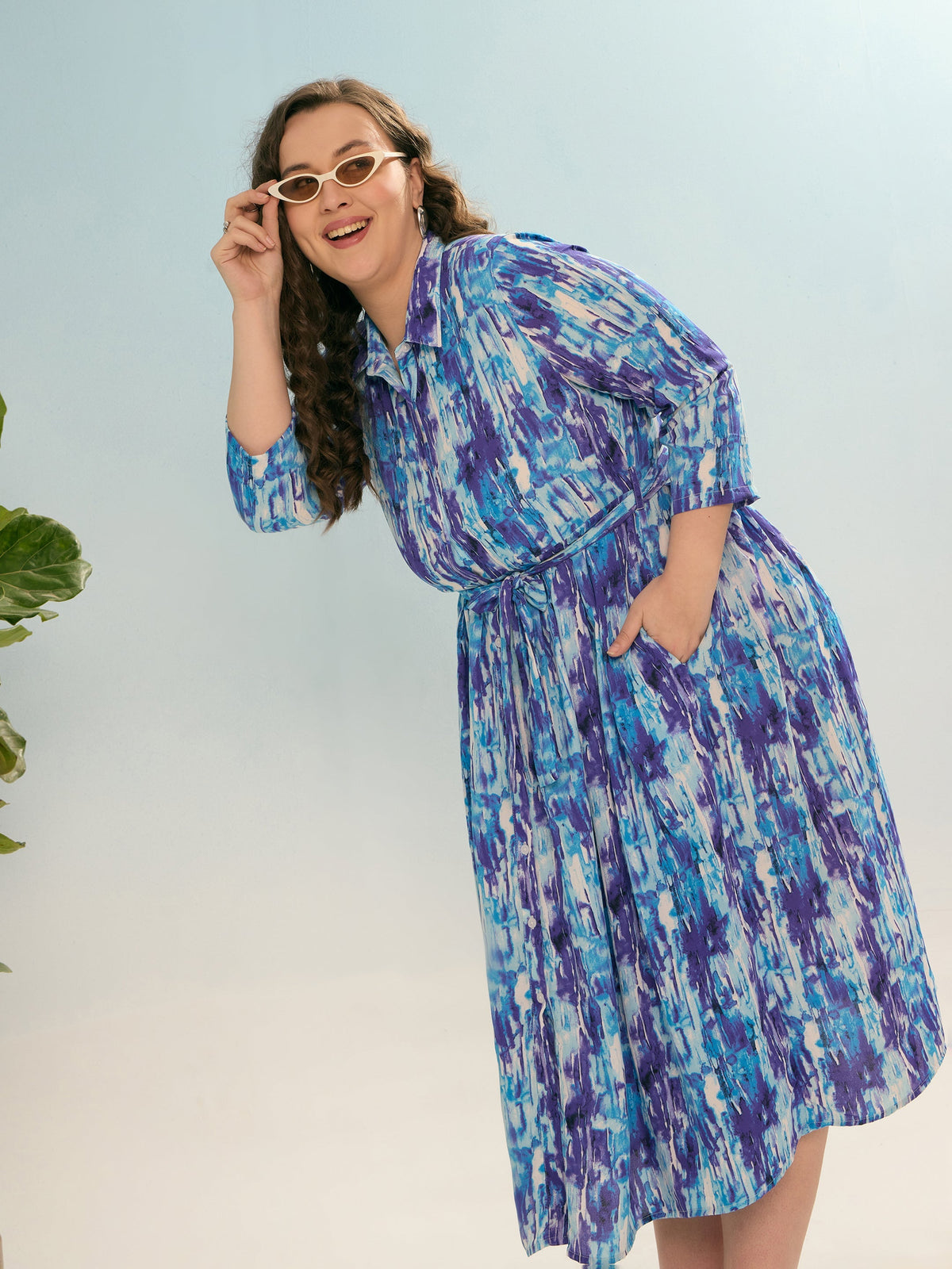 Women Blue Printed Belted Midi Shirt Dress