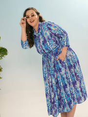 Women Blue Printed Belted Midi Shirt Dress