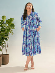 Women Blue Printed Belted Midi Shirt Dress