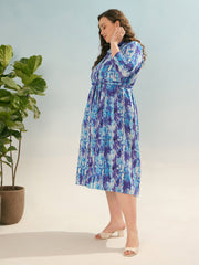 Women Blue Printed Belted Midi Shirt Dress