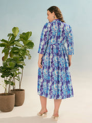 Women Blue Printed Belted Midi Shirt Dress