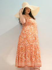Women Orange & White Floral Strappy Tiered Maxi Dress