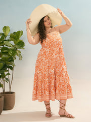 Women Orange & White Floral Strappy Tiered Maxi Dress