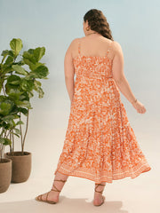 Women Orange & White Floral Strappy Tiered Maxi Dress