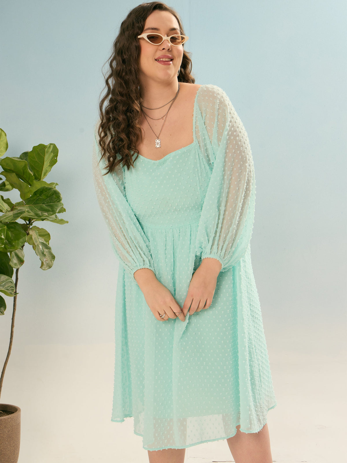 Women Sea Green Dobby Back Smocking Skater Dress
