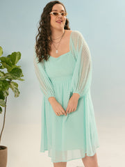Women Sea Green Dobby Back Smocking Skater Dress