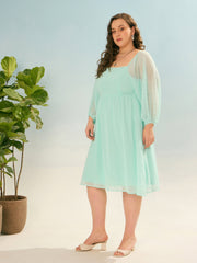 Women Sea Green Dobby Back Smocking Skater Dress