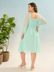 Women Sea Green Dobby Back Smocking Skater Dress