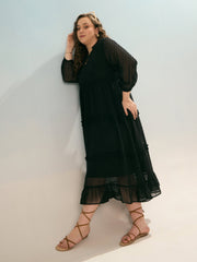Women Black Dobby V Neck Tiered Maxi Dress