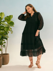 Women Black Dobby V Neck Tiered Maxi Dress