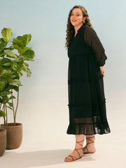 Women Black Dobby V Neck Tiered Maxi Dress