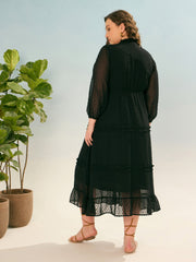 Women Black Dobby V Neck Tiered Maxi Dress
