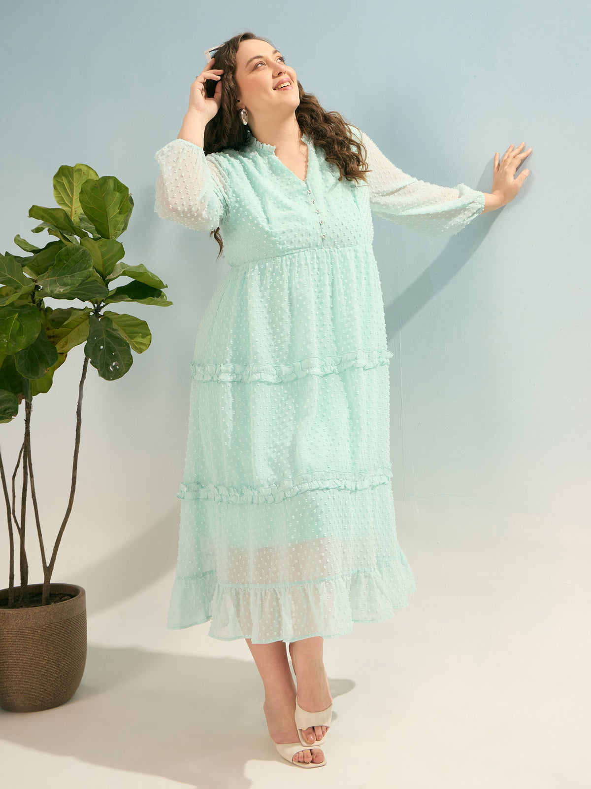 Women Sea Green Dobby V Neck Tiered Maxi Dress