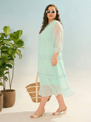 Women Sea Green Dobby V Neck Tiered Maxi Dress