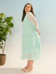 Women Sea Green Dobby V Neck Tiered Maxi Dress