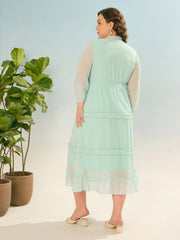 Women Sea Green Dobby V Neck Tiered Maxi Dress