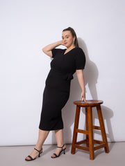 Women Black Rib Wrap Side Knot Bodycon Midi Dress